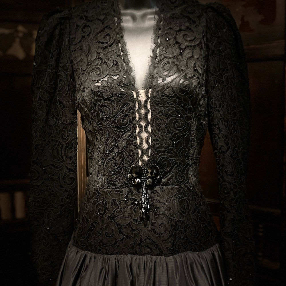 Black Spanish Lace and Taffeta Evening Gown